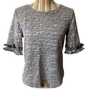 Banana Republic Top Small Tweed Navy Blue and White 1/2 Ruffle Sleeve Round Neck